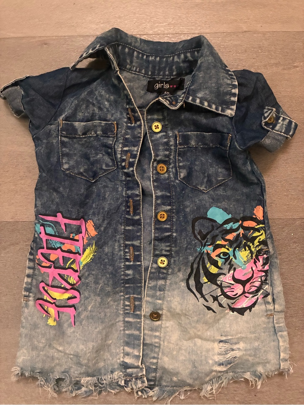 Girls 6M Acid Wash Denim Tiger Graphic Romper Dress Graffiti
